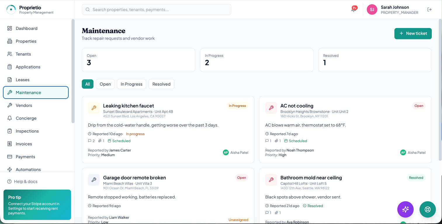 Maintenance tickets with priority badges and SLA-tracked status